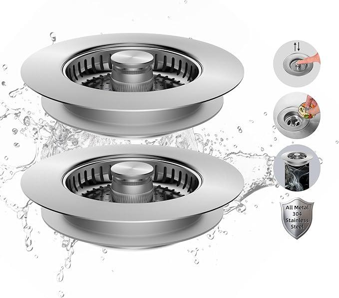 Hibbent All Metal Stainless Steel 3 in 1 Kitchen Sink Drain Strainer, Upgraded Anti-Rust Sink Stop Combo, 3 Anti-Clogging Stainless Steel Baskets with Metal Handle for US Standard 3-1/2" Drain