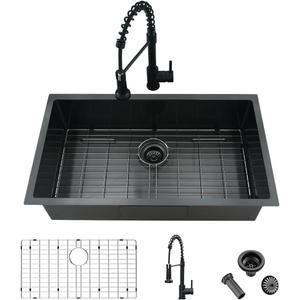 33 Inch Black Undermount Kitchen Sink and Faucet Combo-iAnomla 33x19 Black Stainless Steel Kitchen Sink Undermount Single Bowl 16 Gauge Deep Sinks with Faucet Combo Set, 33”L x 19”W x 10”D