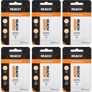 REACH Dentotape Waxed Dental Floss Tape, Unflavored, Extra Wide Floss, Shred & Frey Resistant, Plaque Remover for Teeth, Easy on Gums & Teeth, Oral Care, PFAS Free, for Adults & Kids, 6 Pack, 100 yd