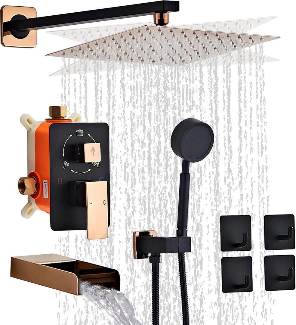Black Gold Shower Tub Faucet Set, Wall Mounted 10 Inch Shower Heads with Handheld Spray Combo and Tub Shower Faucet, Luxury Bathroom Square Rain Shower System - 4 Hooks Black Gold Shower Tub Faucet Set, Wall Mounted 10 Inch Shower Heads with Handheld Spray Combo and Tub Shower Faucet, Luxury Bathroom Square Rain Shower System - 4 Hooks