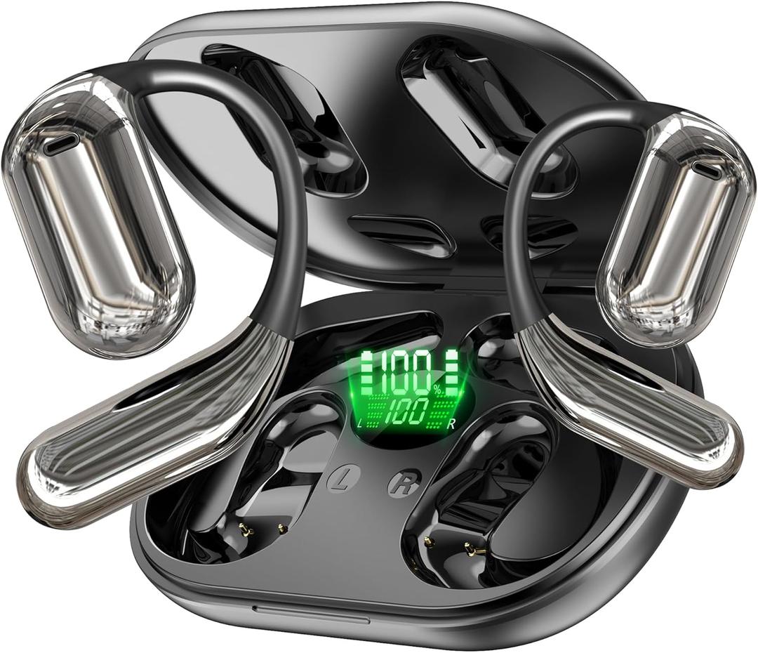 Wireless Earbuds, Open Ear Headphones, Over Ear Bud with Earhooks, ENC Noise Cancelling Mic, 60H Playtime, IP54, Bluetooth 5.4 Headphones for Running/Workout/Translation Studies, Black