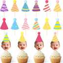 DIY Baby Face Photo Cake Topper Kit 36 Pcs Flat Birthday Hats with Pom Poms & Wooden Stick for First Birthday Personalized Cake Decoration Baby's Cupcake Topper(Rainbow Color,Stylish Style)