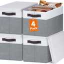 Large Closet Storage Baskets Bins with Lids 4 Pack, Storage Baskets for Organizing Shelves Nursery Bedroom, Home Dorm Closet Organizers Cubes for Clothes Toys Blanket Book - Stackable -14x10x9.5 (White with Grey)