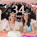 34th Birthday Decorations for Women, 49pcs Black Rose Gold Black Happy 34th Birthday Banner, Tablecloth, Butterfly Decor, Sash and Tiara, Cake Topper, Candles, Balloons Arch