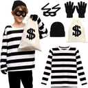 5 PCS Halloween Kids Bank Robber Costume Set, Include Black and White Striped Shirt for Burglar Thief Cosplay (8-10 Years)