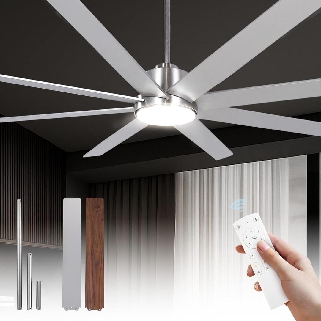 72Inch Large Brushed Nickel Ceiling Fans with Light and Remote Control,8 Wooden Blades,6-Speeed,3CCT,Quiet Reversible DC Motor,Indoor Outdoor Ceiling Fan for Patio/Living Room/Garden