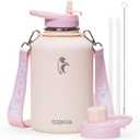 Coolflask Half Gallon Water Bottle Insulated with Straw, 64 oz Large Water Jug with Straw & Spout Lids, Double Wall Stainless Steel Metal Flask, Keep Cold 48h Hot 24h, Apricot Pink