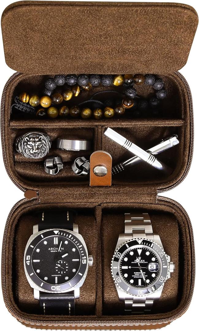 ROTHWELL 2 Watch Travel Case Storage Organizer for 2 Watches | Tough Portable Protection w/Zipper Fits All Wristwatches & Smart Watches Up to 50mm (Tan/Brown - w/ Accessory Lid)
