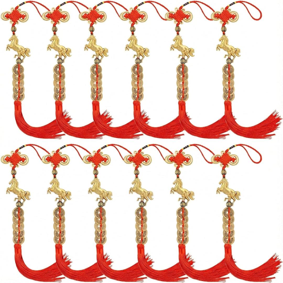 12 Pack Horse Year Feng Shui Coins Set - 2026 Chinese New Year Horse Charms Lucky Chinese Coins with Red Hanging Tassels, Wealth Good Fortune Amulet for Home Office Decoration (Golden)