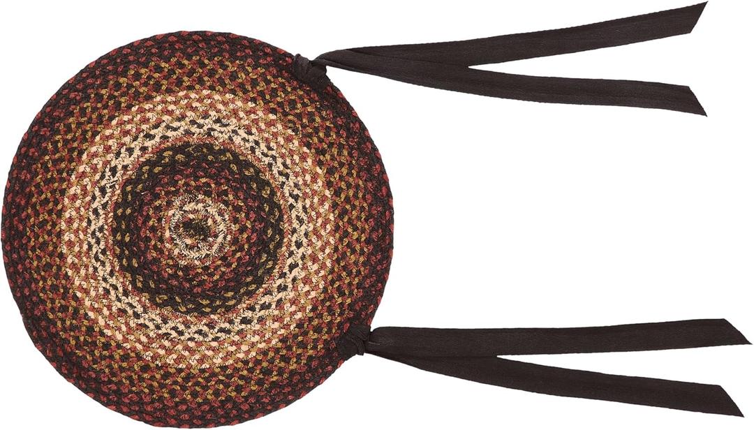 VHC Brands Beckham Round Seat Cushion Chair Pad, Red Black Tan, Jute Blend with Ties, 15x15 Inches