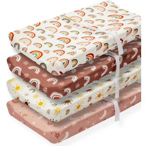 4 Pack Boho Nursery Sheets - Sunshine and Rainbow Design, Neutral Unisex Fitted Baby Changing Pad Cover Sheets for Baby Boys or Girls