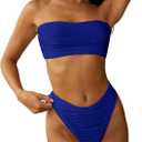ZAFUL Women Strapless Textured Bandeau Bikini 2 Piece Swimwear Cheeky Solid Lace up Bathing Suits (Medium, 1-royal Blue)