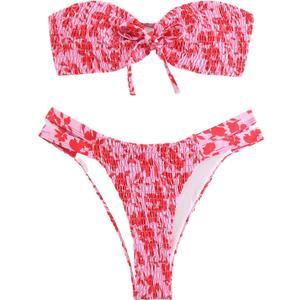 GORGLITTER Women's Strapless Bandeau String Bikini Set Floral Bow Swimsuit High Waisted Smocked Bathing Suit Pink M
