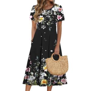 Zeagoo Womens Casual Dresses for Summer Short Sleeve Flare Midi Dress Loose Beach Sundress Pleated Front Dress with Pockets (Black), XL