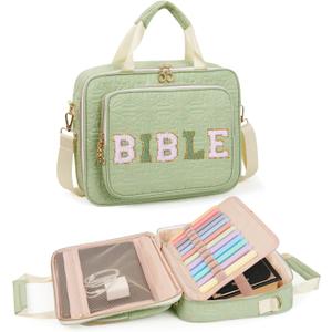 Bible Cover Case for Women Large Bible Bag with Soft Handle & Shoulder Strap, Bible Carrying Case for Women Bible Cover with Multi-Pockets, Bible Holder for Study Supplies Gift for Christian (Green)
