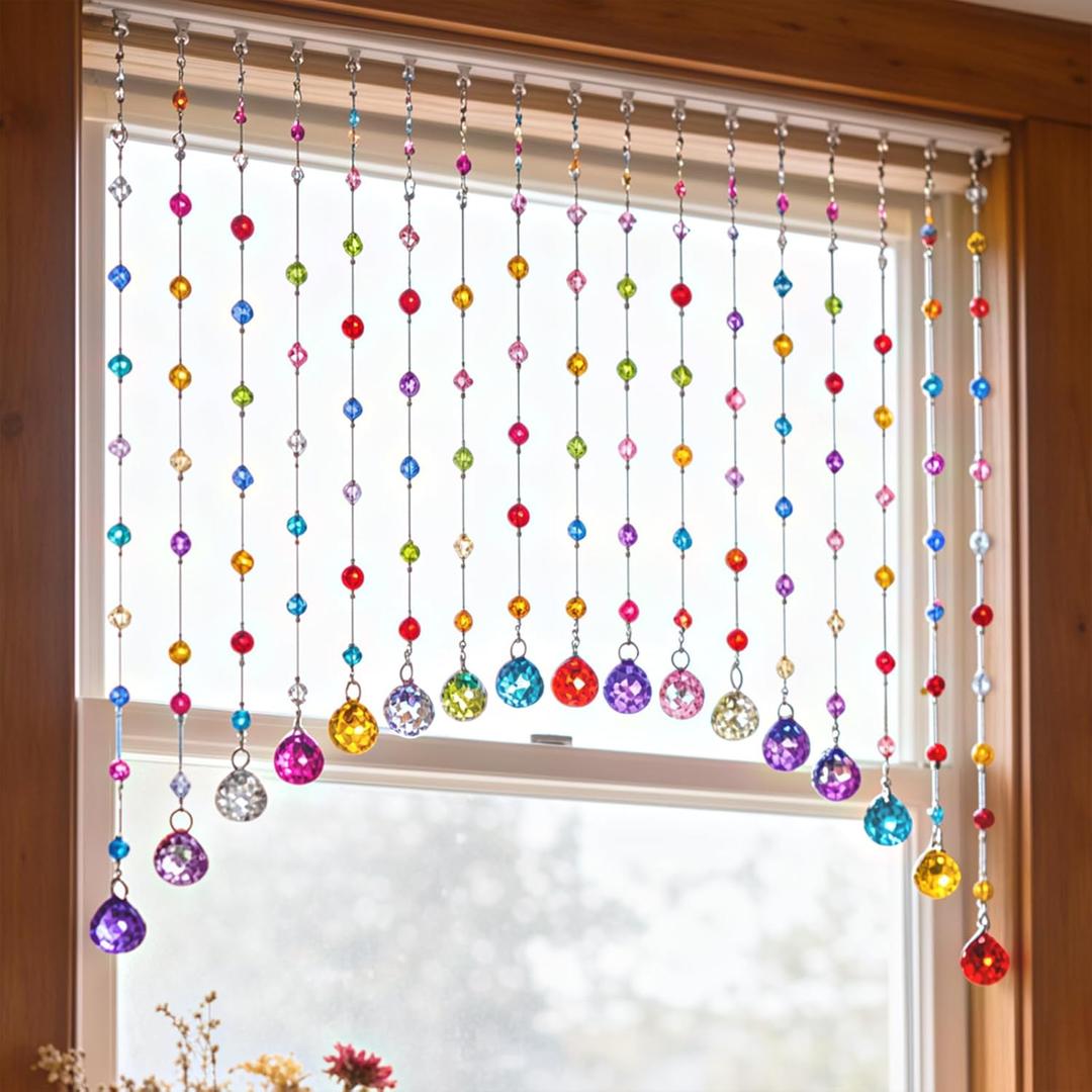 OSVINO Crystal Beaded Curtain for Doorways, 20 Strings Arch Door Beads, Hanging Room Divider Bead Curtains, No Drill Self-Adhesive for Bedroom Window Closet Entryway Home Decor, Rainbow