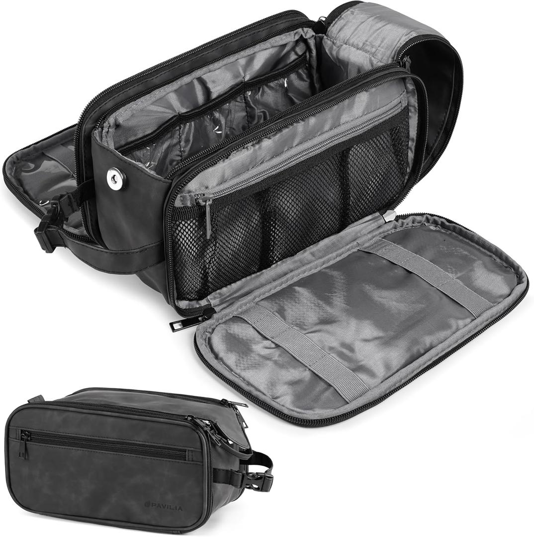 PAVILIA Large Toiletry Bag for Men Women, Mens Travel Bag Toiletries Organizer Case for Grooming, Travel Essentials Shaving Dopp Kit, PU Leather Water Resistant Cosmetic Pouch, Black (Extra Large (12.5x6x7))