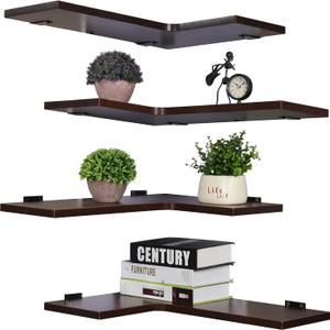 22 Inch Corner Shelf Wall Mounted, Corner Floating Shelves for Wall, Set of 4 Dark Brown