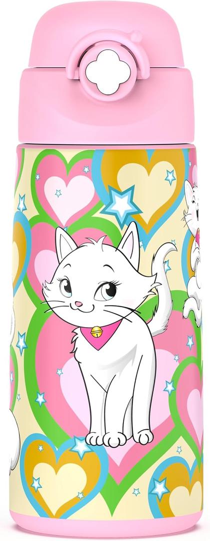 Girls Insulated Water Bottle with Covered Pop-Up Straw,16 oz Kids Cups with Stainless Steel Leak Proof for School Pink（Cat）