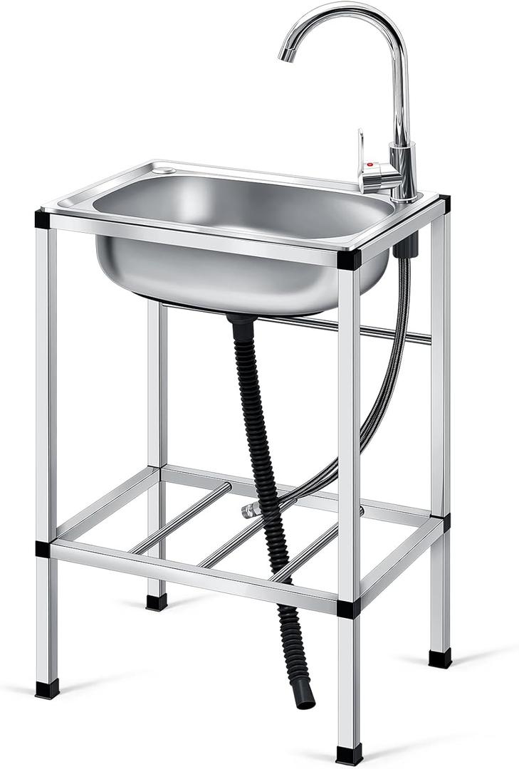 Tandefio Freestanding Outdoor Kitchen Utility Sink Set Stainless Steel Single Bowl Sink Commercial Restaurant Utility Portable Sink for Restaurant Cafe Bar Hotel Garage Laundry Room(Groovy)