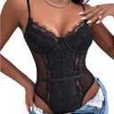 SHENHE Women's Floral Lace Spaghetti Strap Sheer Mesh Sleeveless Cami Bodysuit Tops (XL, Black)
