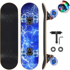 Skateboards with Colorful Flashing Wheels for Beginners,Kids,Teens,Adults, Complete Standard Skate Boards 9 Layer Canadian Maple Deck Concave Skateboard