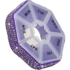 Round Pill Organizer Small Weekly Pill Case for Purse Bling Cute Medicine Pill Box Compact Vitamin Container 7 Day Daily Pill Holder Planner(Purple)