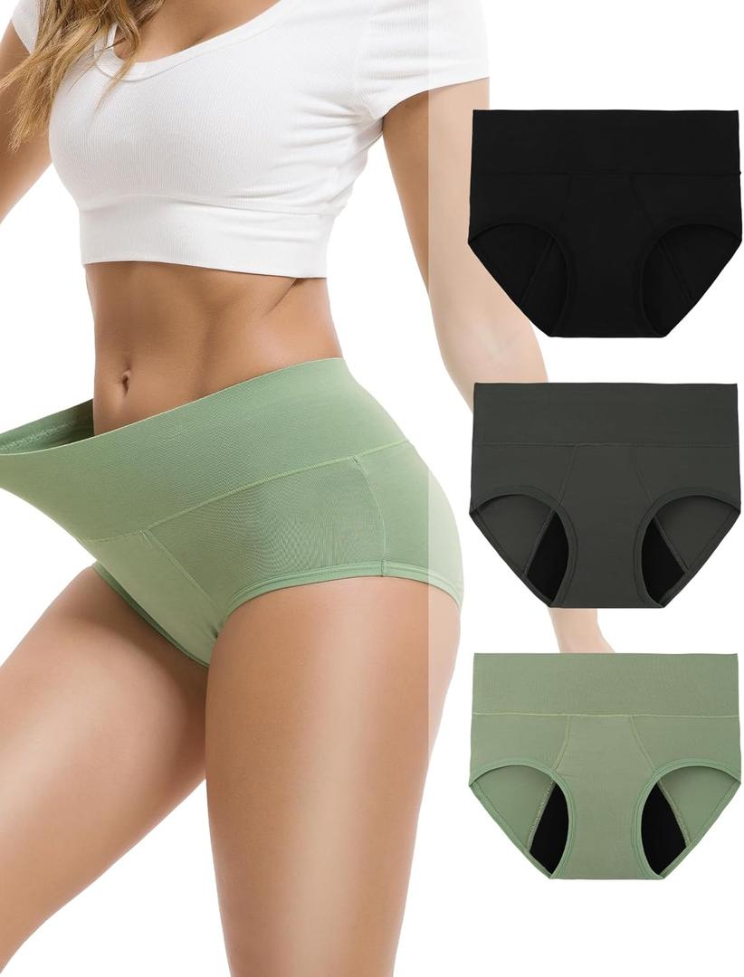 INNERSY Women's Bamboo Viscose Heavy Flow Period Underwear High Waisted Leakproof Panties 3 Pack (Medium, Black/Gary/Green)