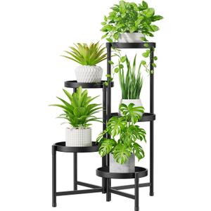 iDavosic.ly 5 Tier Large Plant Stand Indoor with 10 Inch Wide Tray, Tiered Corner Metal Outdoor Flower Display Holder Shelf, Folding Tall Rack for Patio Porch Living Room, Modern Black