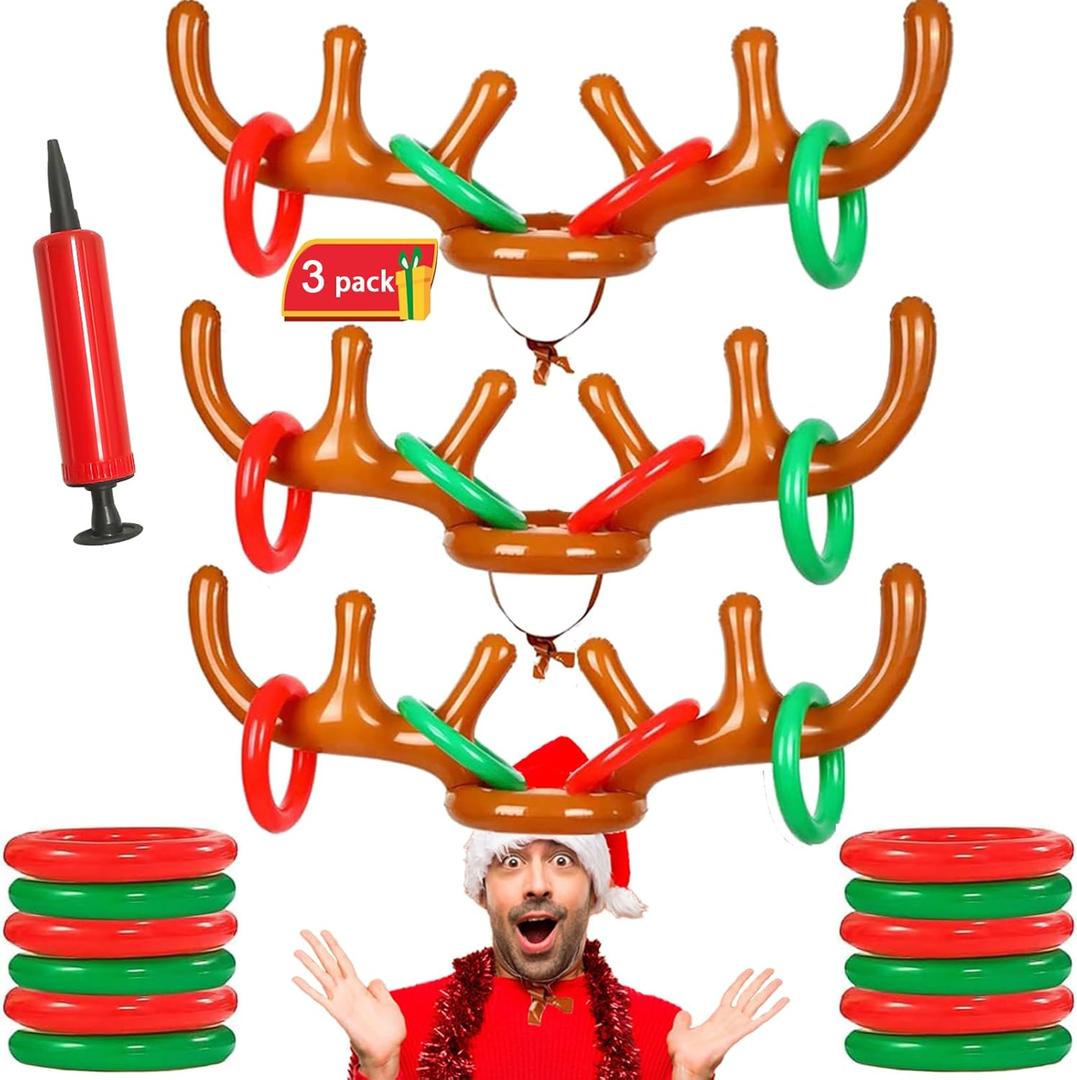 3 Sets Inflatable Reindeer Antler Game Christmas Party Supplies Ring Toss Game Included 3 Inflatable Reindeer Antler Hat 24 Ring Toss 1 Pump Reindeer Games for Outdoor Indoor Christmas Family Games