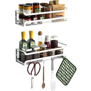 Spice Rack Wall Mount with Hooks - Spice Racks Organizer for Cabinet Storage, Wall Mounted Hanging Shelf Seasoning Organizer, for Kitchen, Pantry Door, Bathroom (White, 2 Pack)