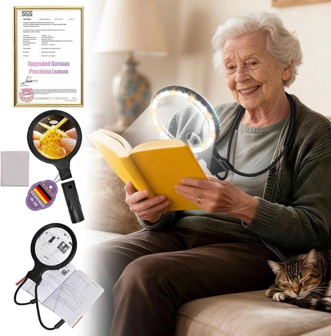 5.0 Upgraded Magnifying Glass Hand Free12X German Ultra-HD LensCloud Sponge Neck Protection 3 Smart Mode Light, All-Purpose Magnifying for Reading, Cross Stitch, Craft Seniors Use (Black)