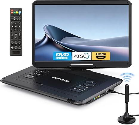 POFOTO 17.5" Portable TV/DVD Player with 15.6" HD Swivel Screen, Built-in ATSC Tuner & FM, Rechargeable Battery, Supports HDMI in/USB/Micro SD/AV Out, MultiDisc Formats, Black