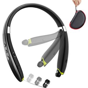 Bluetooth Headphones, Upgraded Foldable Wireless Neckband Headset with Retractable Earbuds, Noise Cancelling Stereo Earphones with Mic for Workout, Running, Driving (with Carry Case) (Black)