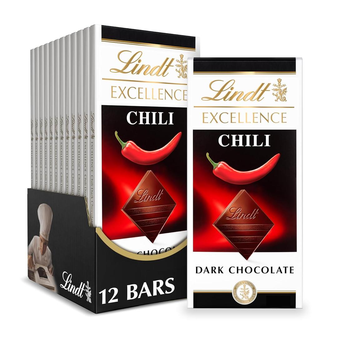 Lindt EXCELLENCE Chili Dark Chocolate Bar, Dark Chocolate Candy Infused with Spicy Red Chili, 3.5 oz. (12 Pack)