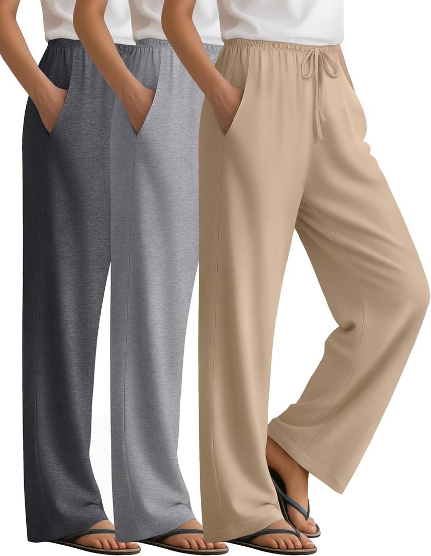 3 Pack Women's Lounge Pants Cozy Wide Leg Yoga Pants Casual Drawstring Loose Baggy Sweatpants with Pockets (X-Large, Dark Gray, Light Heather Gray, Khaki)