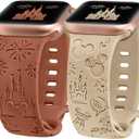 2 Packs Cartoon Engraved Band Compatible with Apple Watch Band 38/40/41/42/ 44/45/ 46/49mm Women, Cute Designer Soft Silicone Strap for iWatch Series 11 10 9 8 7 6 5 4 3 SE/Ultra 3 2 1 (Walnut & Brown)