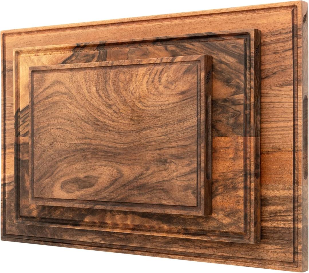 Walnut Wood Cutting Boards Set  Non Toxic, Solid Wood Cutting Board with Juice Groove - Wooden Charcuterie Boards for Serving Food - Wooden Chopping Board Set  Premium Dark Hardwood  Wedding Gifts