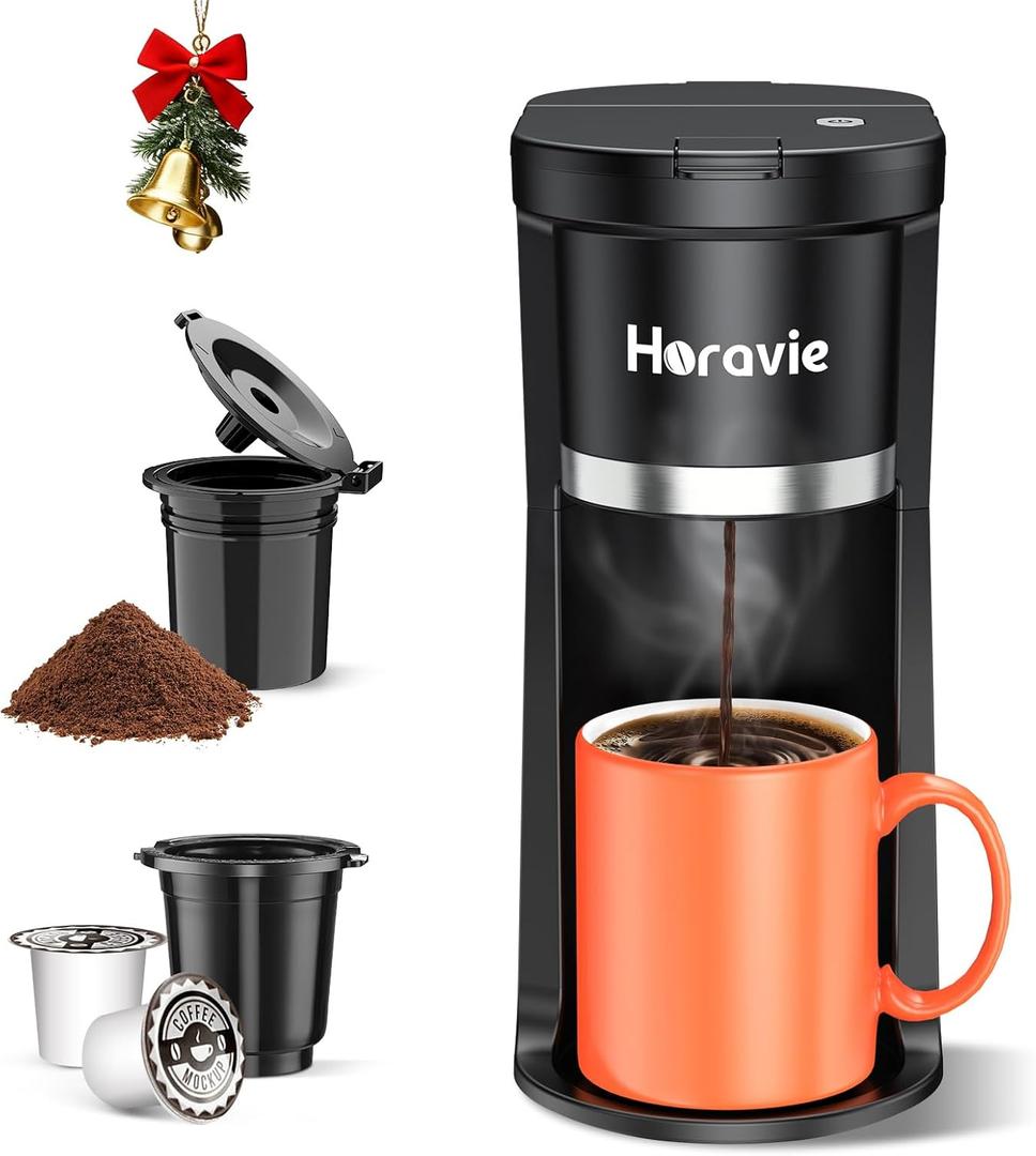 Small Single Serve Coffee Maker, Fast Brew One Cup Coffee Machine for K Cup and Grounds, 6 to 12 oz. Brew Sizes, Capsule Coffee Machine with Descaling Reminder and Viewing Tank, Black (9.45 Inches)