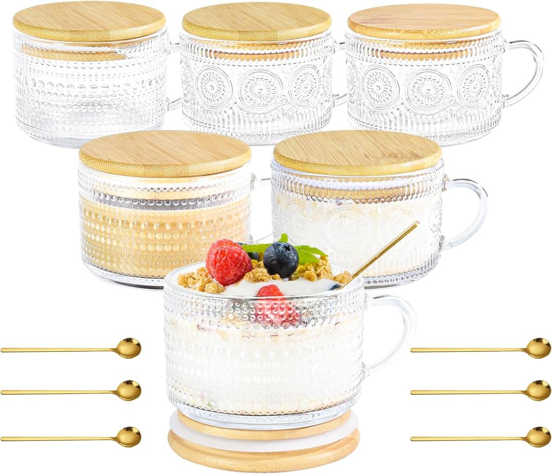 14oz Vintage Coffee Mugs Glass of 6 Overnight Oats Glass Mug with Bamboo Lids Spoons Handle for Iced Coffee Latte Cereal Yogurt(Hobnail*3 & Sunflower*3 with Sealing Ring Lid)