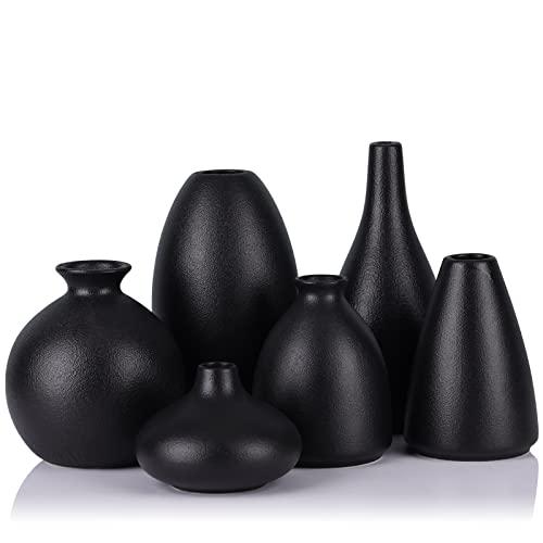 Set of 5 Matte Black Small Vases for Flowers, Ceramic Bud Vase Bulk Boho Centerpieces for Tables, Mini Short Vase Modern Bulk Wedding Centerpieces Ikebana Vases for Bridal Shower/House Warming Gift