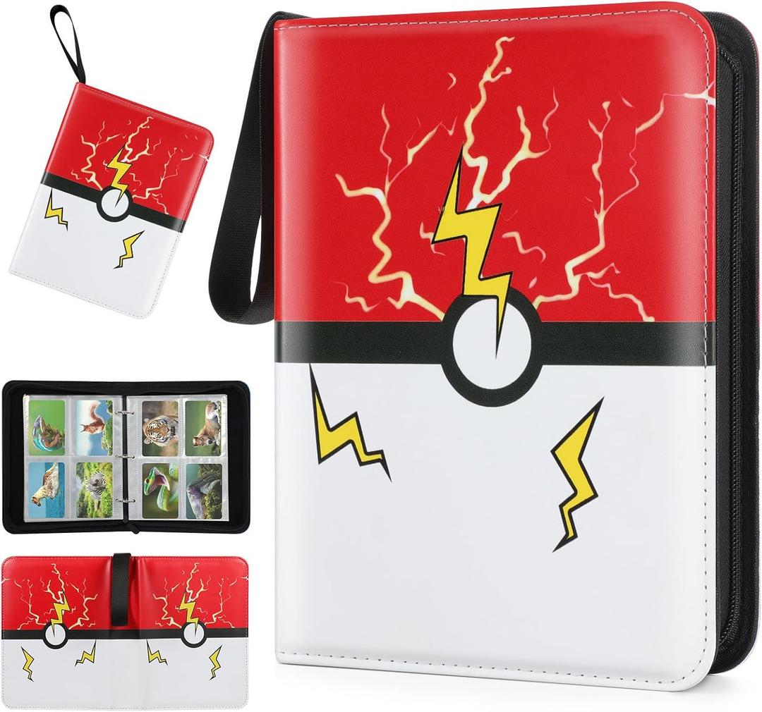 Card Binder 4 Pocket, Trading Card Holder Collector Album Fits 400 Cards with 50 Removable Sleeves Compatible with Pokemon Cards Game Sports Card Case Book With Zipper for Gifts Red