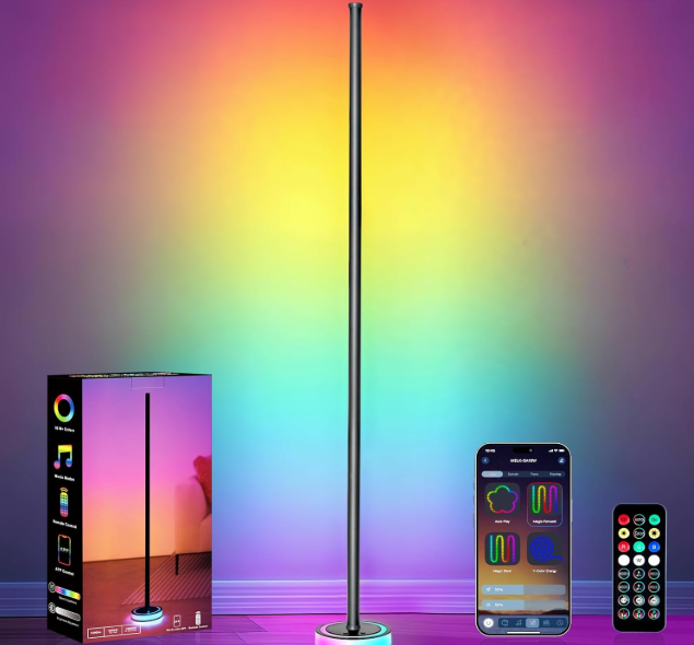 BRINGUX Smart Corner Floor Lamp, RGBICW LED Standing Lamp with App Control, 16 Million Colors with Music Sync, Dimmable Ambient Light for Bedroom, Living Room, Home Decor (Black)