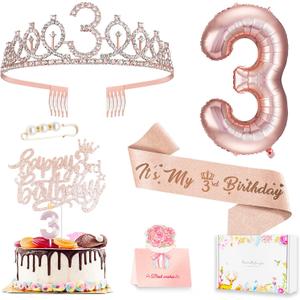 3rd Birthday Decorations for Girls, Including 3 year old Birthday Cake Topper, Queen Sash with Pearl Pin, Sweet Rhinestone Tiara Crown, Number Candles and Balloons Set, Rose Gold
