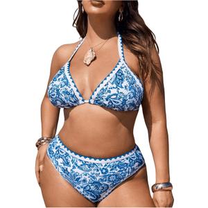 OYOANGLE Women's Plus Size 2 Piece Boho Printed Bikini Swimsuit Triangle Halter Bathing Suit High Waisted Swimwear (XX-Large Plus, Blue and White)