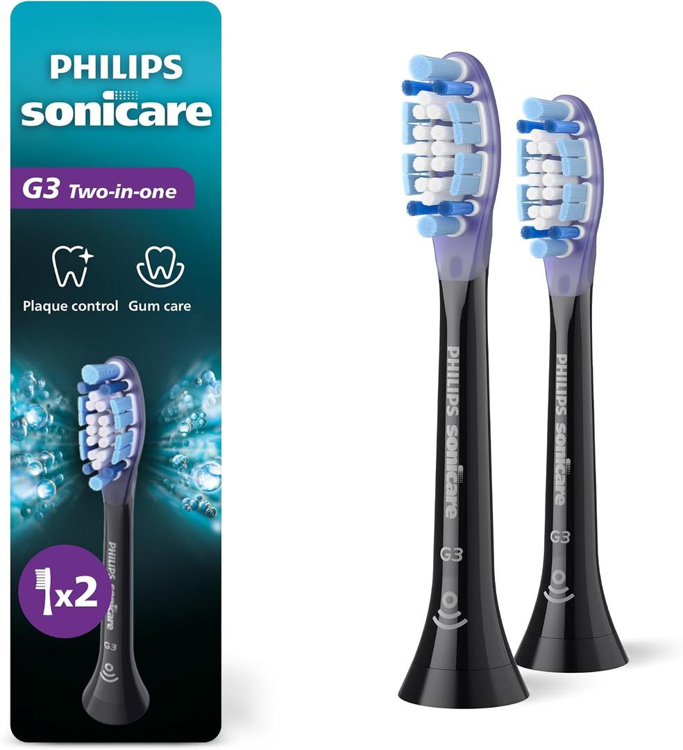 Philips Sonicare G3 Two-in-One - Genuine Replacement Electric Toothbrush Heads for Plaque Control and Gum Care, 2 Brush Head Pack Up to 6 Month Supply, Black, HX9052/95