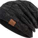 2 x PAGE ONE Mens Winter Slouchy Beanie Warm Fleece Lined Skull Cap Baggy Cable Knit Hat (Green)