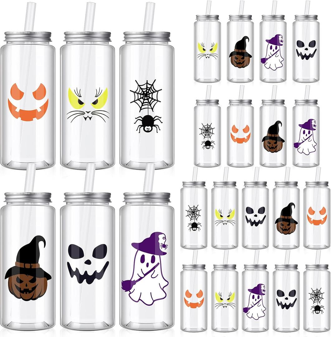 24 Pcs Halloween Plastic Cups with Lids and Straws, Reusable Cups 13.5 oz Plastic Tumbler for Halloween Party Favor(Simple Style)