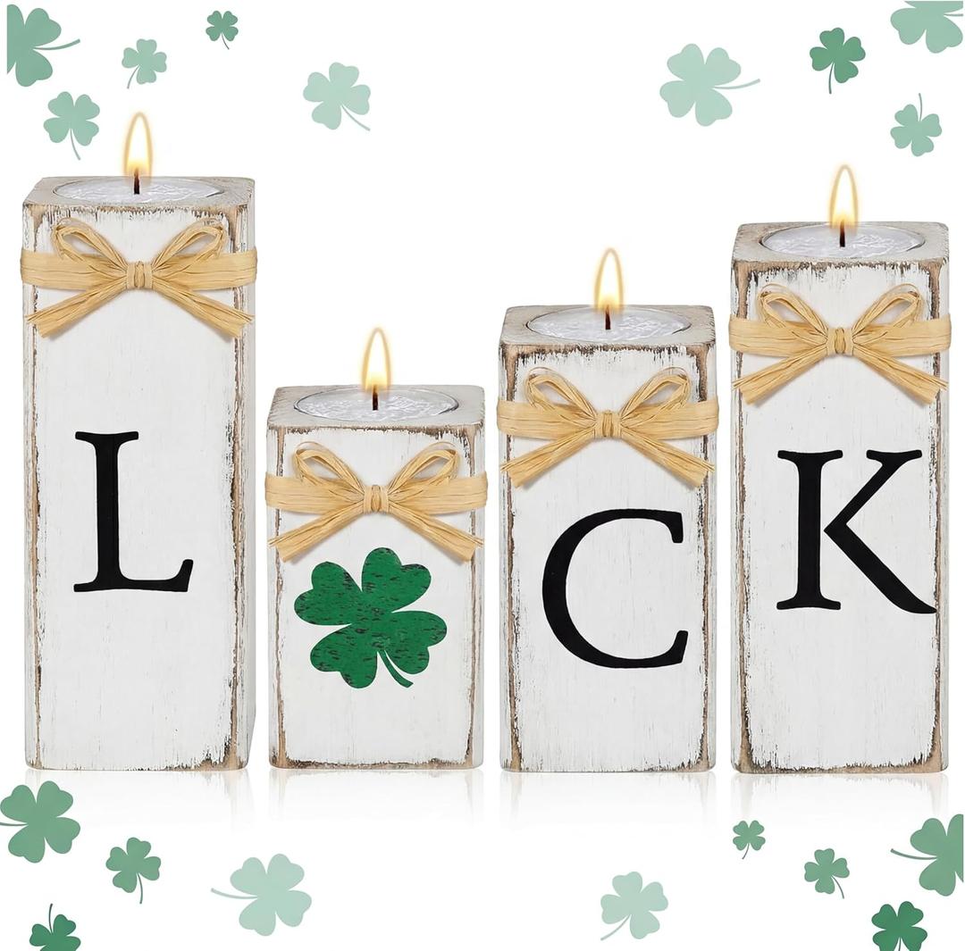 4 Pcs St. Patrick's Day Votive Candle Holders Shamrock Table Decoration St. Patrick's Day Wooden Shamrock Candle Centerpieces Luck Tea Light Holders for Irish Home Office Party