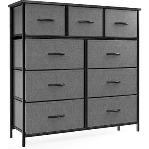 OLIXIS Dresser for Bedroom, 9 Storage Drawers, Wide Fabric Closet Chests Organizer Tower Furniture, TV Stand with Wooden Top Metal Frame for Clothes, Living Room, Hallway, Entryway, Classic Grey (11.8"D x 39.4"W x 40"H (9 Drawers))